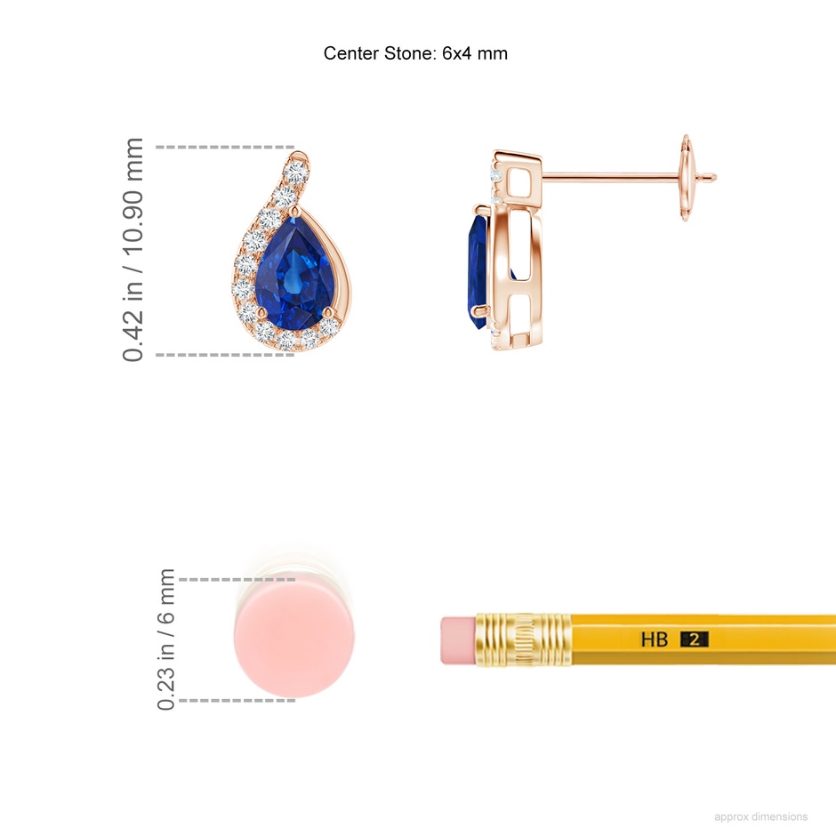 6x4mm AAA Pear Blue Sapphire Earrings with Diamond Swirl Frame in Rose Gold ruler