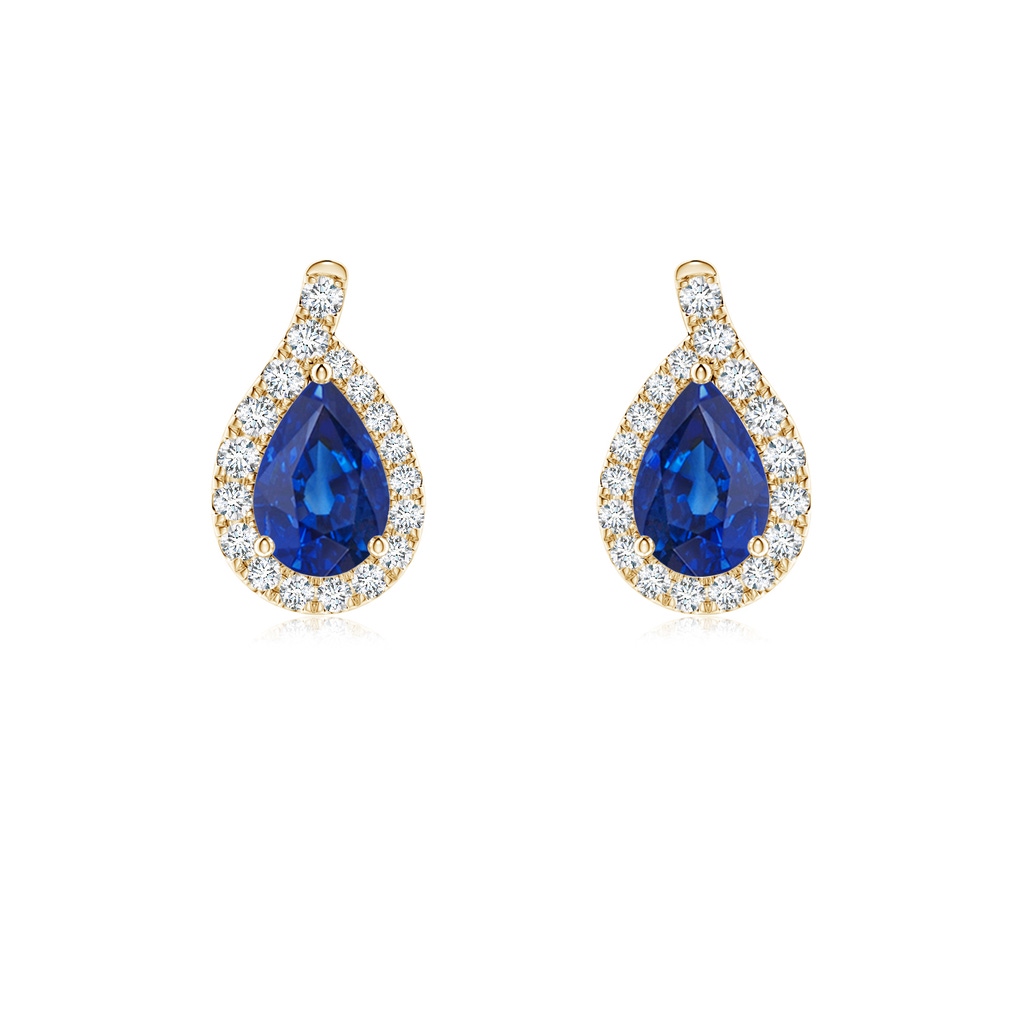 6x4mm AAA Pear Blue Sapphire Earrings with Diamond Swirl Frame in Yellow Gold