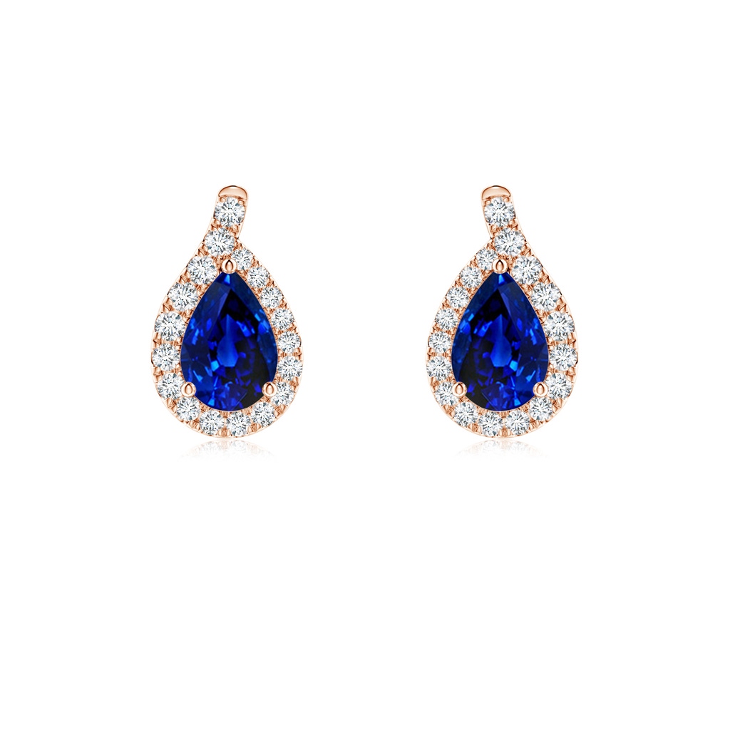 6x4mm AAAA Pear Blue Sapphire Earrings with Diamond Swirl Frame in Rose Gold 