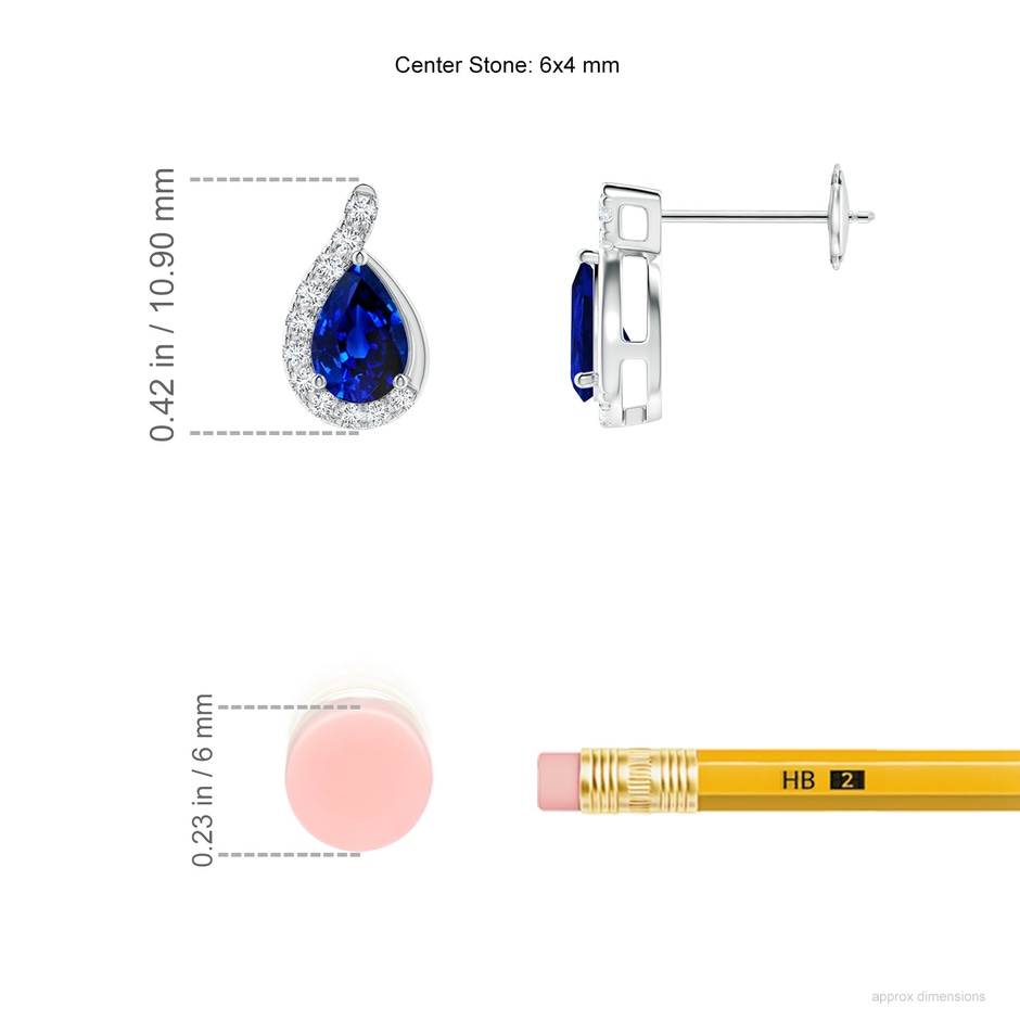 6x4mm AAAA Pear Blue Sapphire Earrings with Diamond Swirl Frame in White Gold ruler