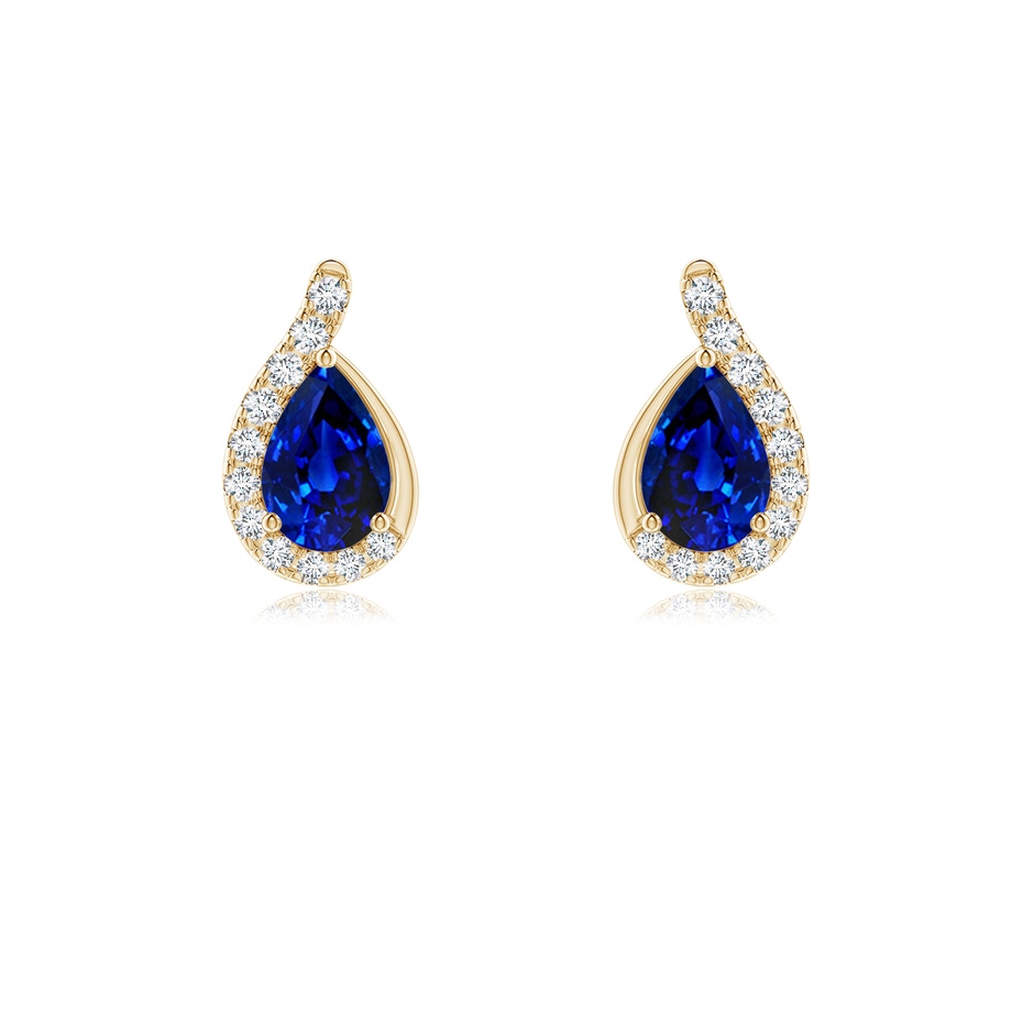 6x4mm AAAA Pear Blue Sapphire Earrings with Diamond Swirl Frame in Yellow Gold 