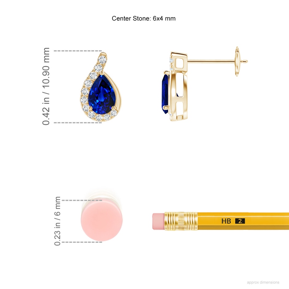6x4mm AAAA Pear Blue Sapphire Earrings with Diamond Swirl Frame in Yellow Gold ruler