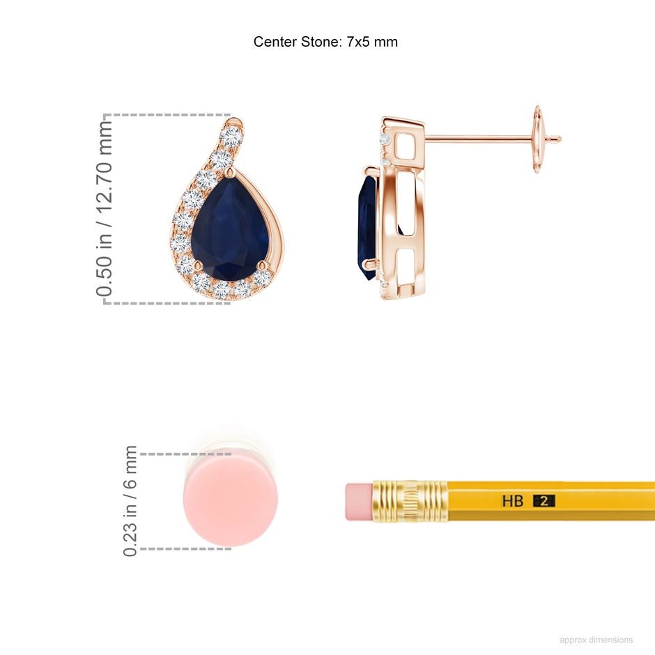 7x5mm A Pear Blue Sapphire Earrings with Diamond Swirl Frame in Rose Gold ruler