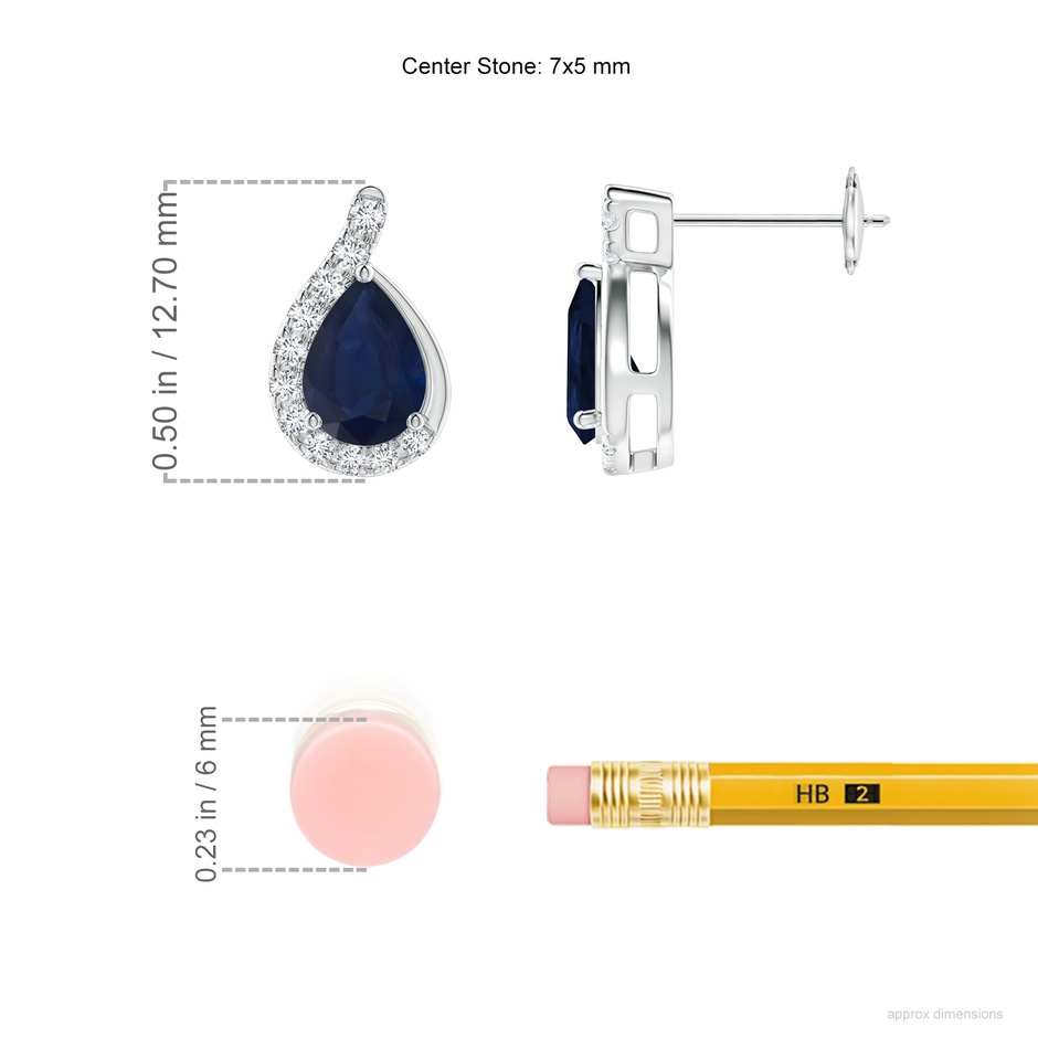 7x5mm A Pear Blue Sapphire Earrings with Diamond Swirl Frame in White Gold ruler