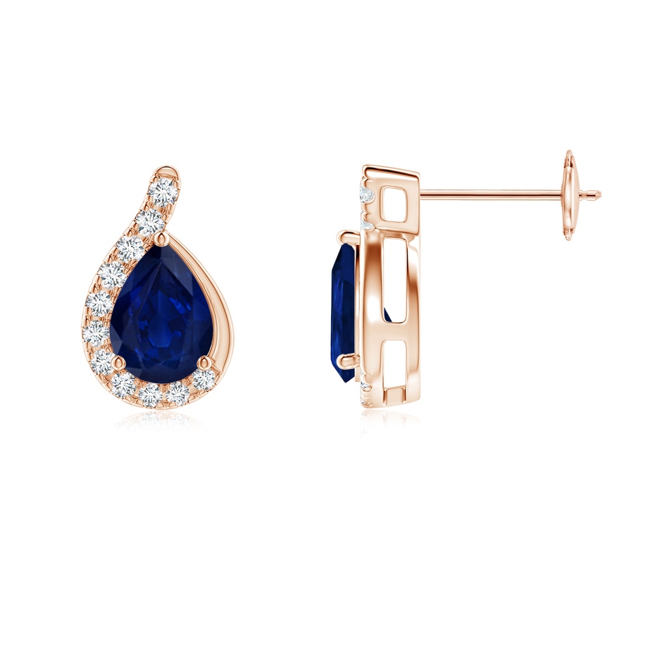 7x5mm AA Pear Blue Sapphire Earrings with Diamond Swirl Frame in Rose Gold side 199