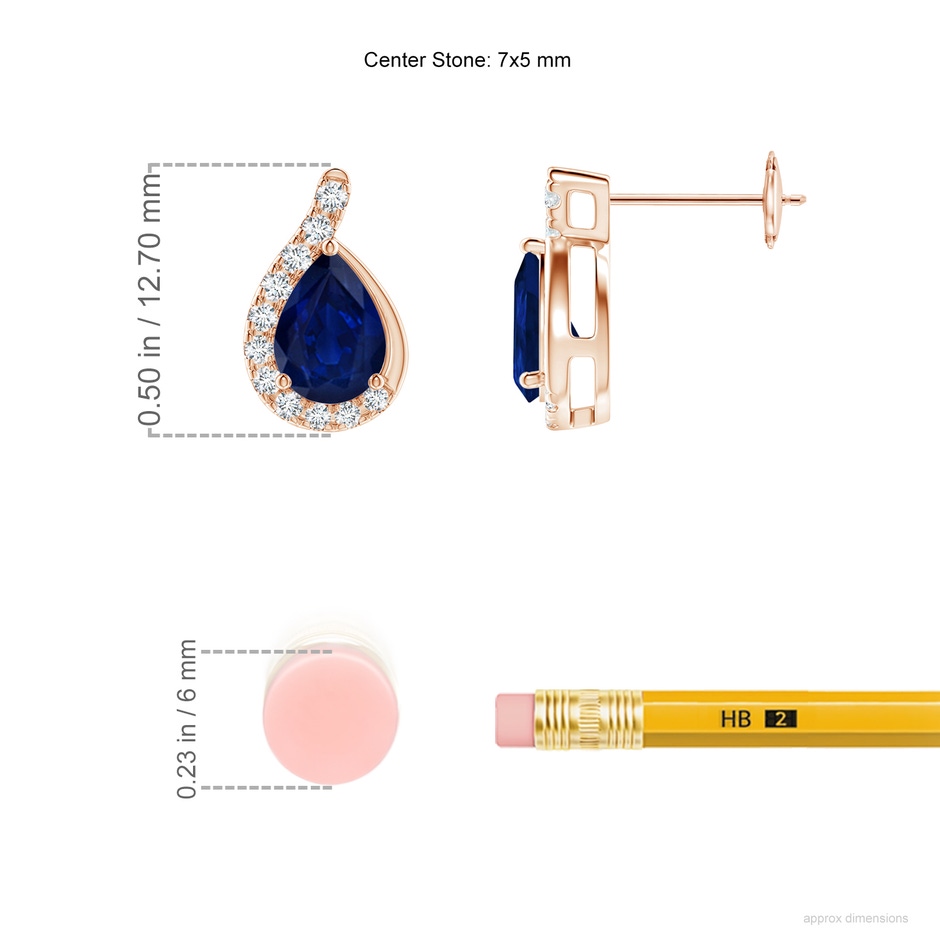 7x5mm AA Pear Blue Sapphire Earrings with Diamond Swirl Frame in Rose Gold ruler