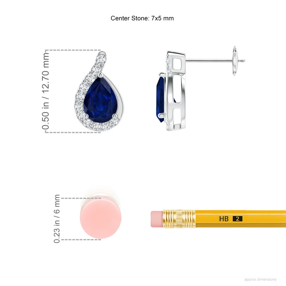 7x5mm AA Pear Blue Sapphire Earrings with Diamond Swirl Frame in White Gold ruler