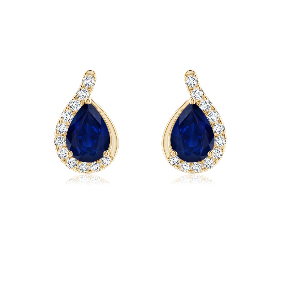 7x5mm AA Pear Blue Sapphire Earrings with Diamond Swirl Frame in Yellow Gold 