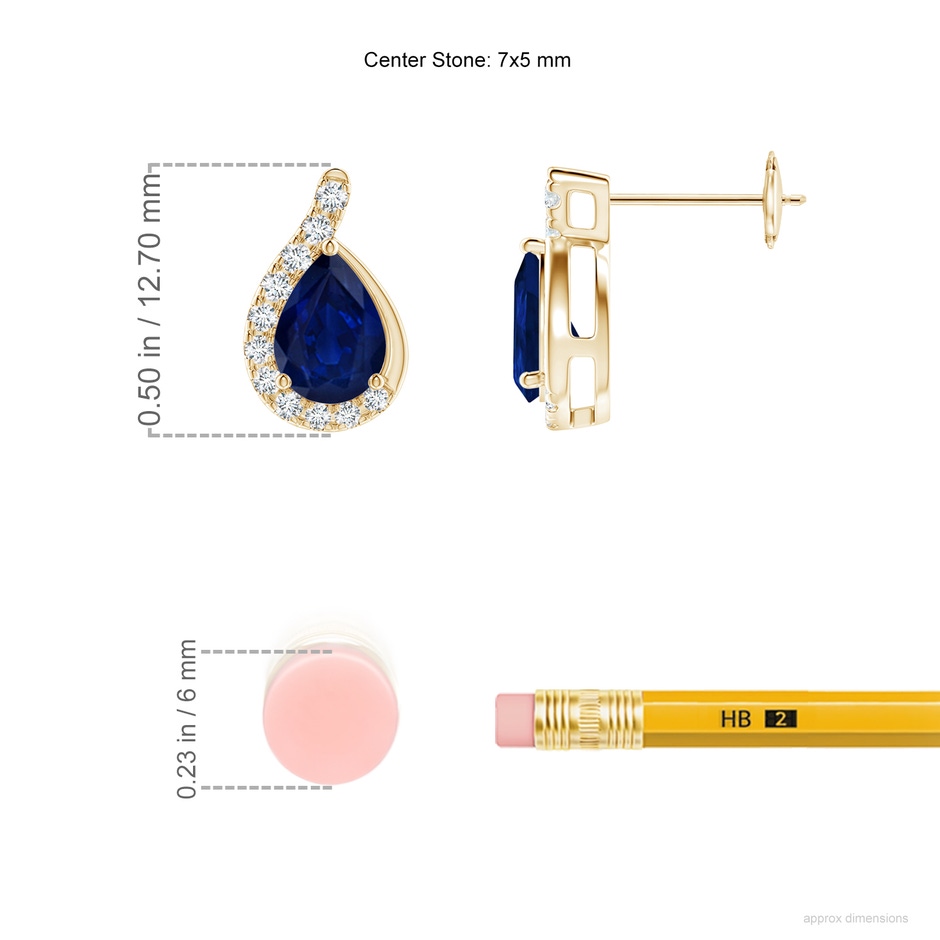 7x5mm AA Pear Blue Sapphire Earrings with Diamond Swirl Frame in Yellow Gold ruler
