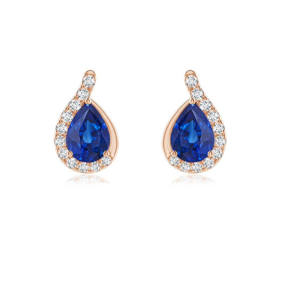 7x5mm AAA Pear Blue Sapphire Earrings with Diamond Swirl Frame in Rose Gold 