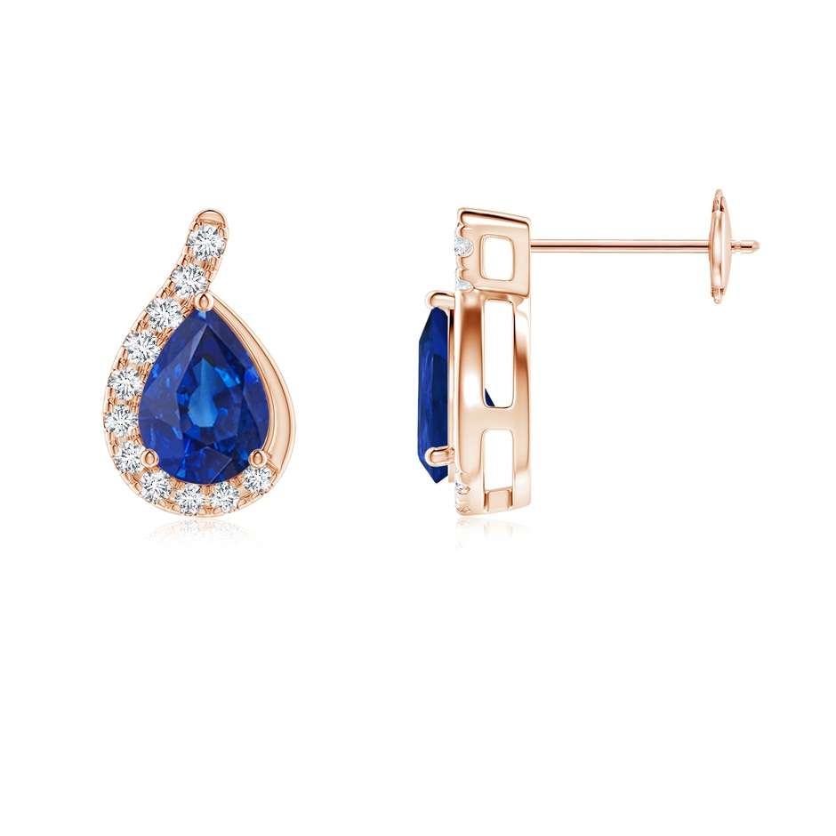 7x5mm AAA Pear Blue Sapphire Earrings with Diamond Swirl Frame in Rose Gold side 199