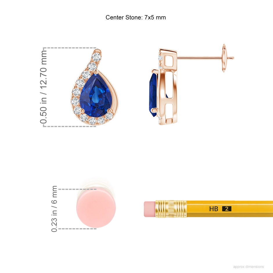 7x5mm AAA Pear Blue Sapphire Earrings with Diamond Swirl Frame in Rose Gold ruler