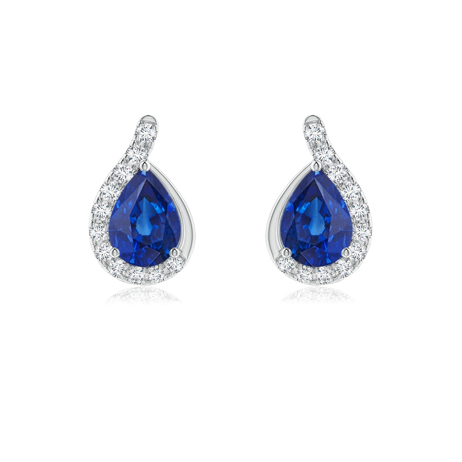 7x5mm AAA Pear Blue Sapphire Earrings with Diamond Swirl Frame in White Gold 