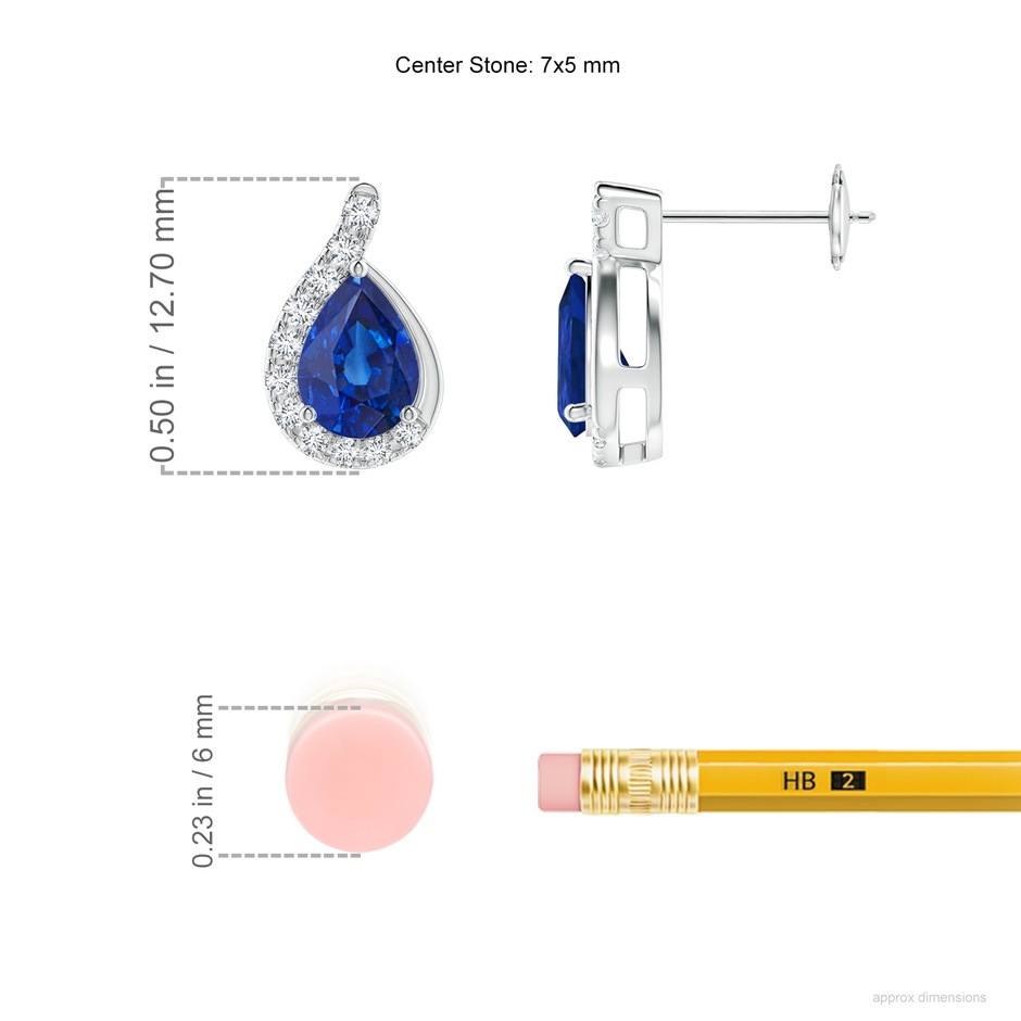 7x5mm AAA Pear Blue Sapphire Earrings with Diamond Swirl Frame in White Gold ruler