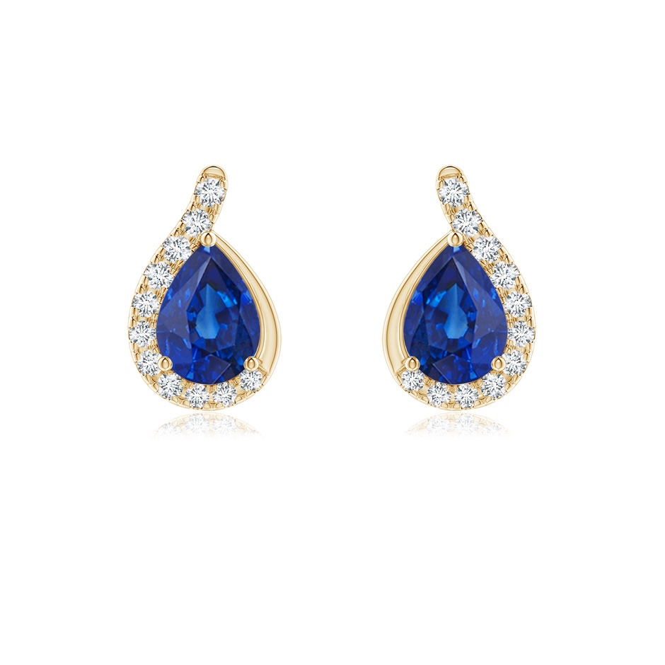 7x5mm AAA Pear Blue Sapphire Earrings with Diamond Swirl Frame in Yellow Gold 