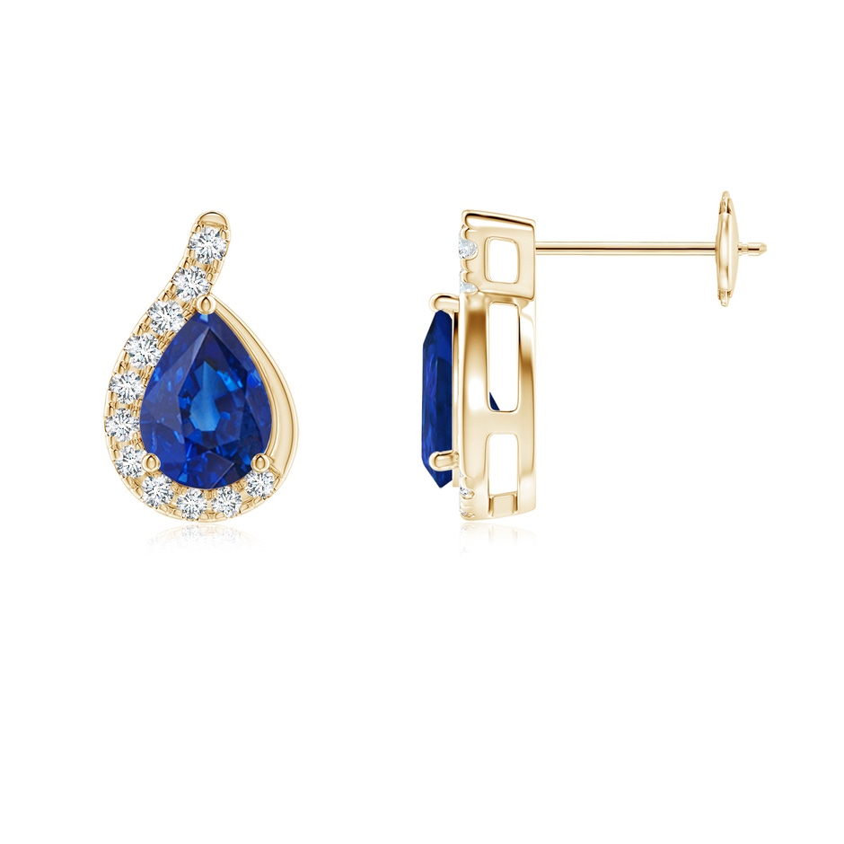 7x5mm AAA Pear Blue Sapphire Earrings with Diamond Swirl Frame in Yellow Gold side 199