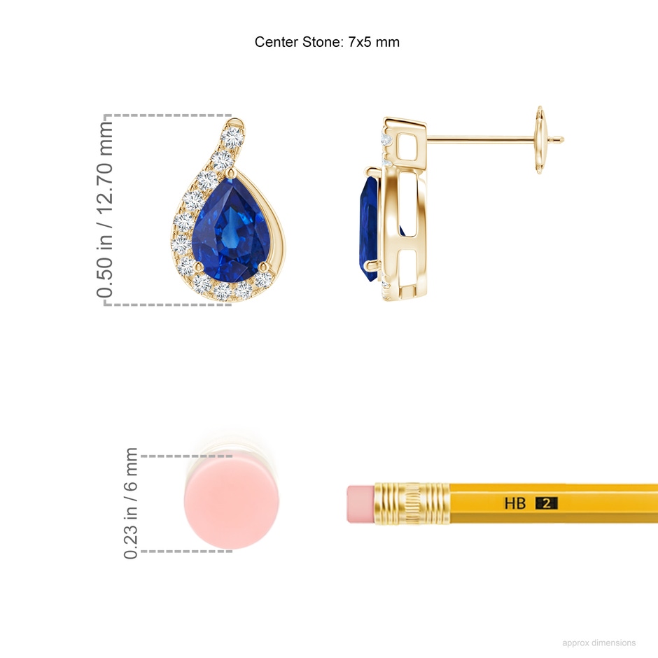 7x5mm AAA Pear Blue Sapphire Earrings with Diamond Swirl Frame in Yellow Gold ruler