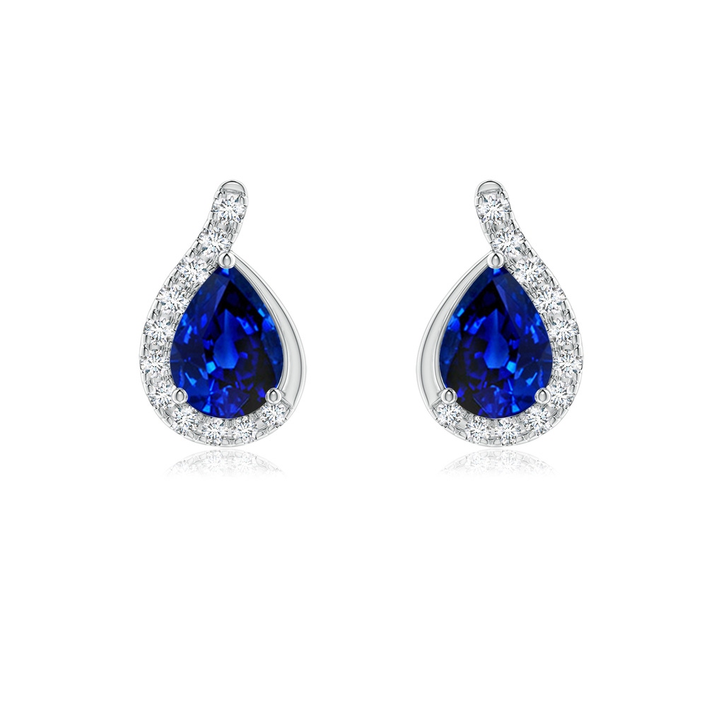 7x5mm Lab-Grown Pear Blue Sapphire Earrings with Diamond Swirl Frame in White Gold