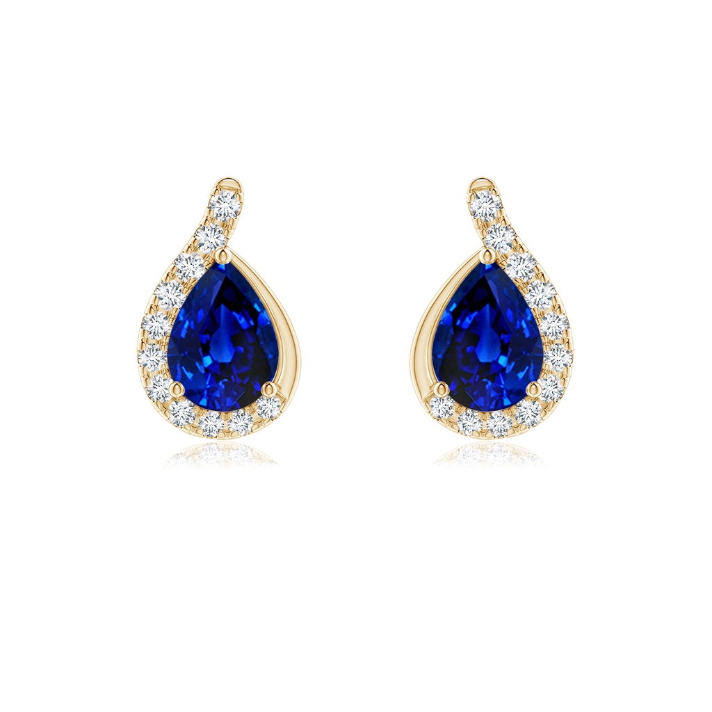 7x5mm Lab-Grown Pear Blue Sapphire Earrings with Diamond Swirl Frame in Yellow Gold