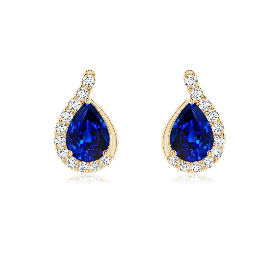 7x5mm Lab-Grown Pear Blue Sapphire Earrings with Diamond Swirl Frame in Yellow Gold 