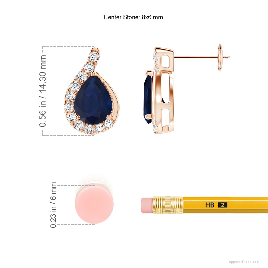 8x6mm A Pear Blue Sapphire Earrings with Diamond Swirl Frame in Rose Gold ruler