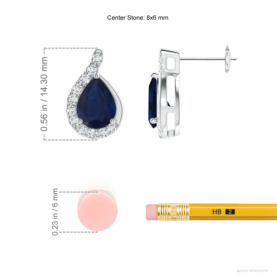 8x6mm A Pear Blue Sapphire Earrings with Diamond Swirl Frame in White Gold ruler