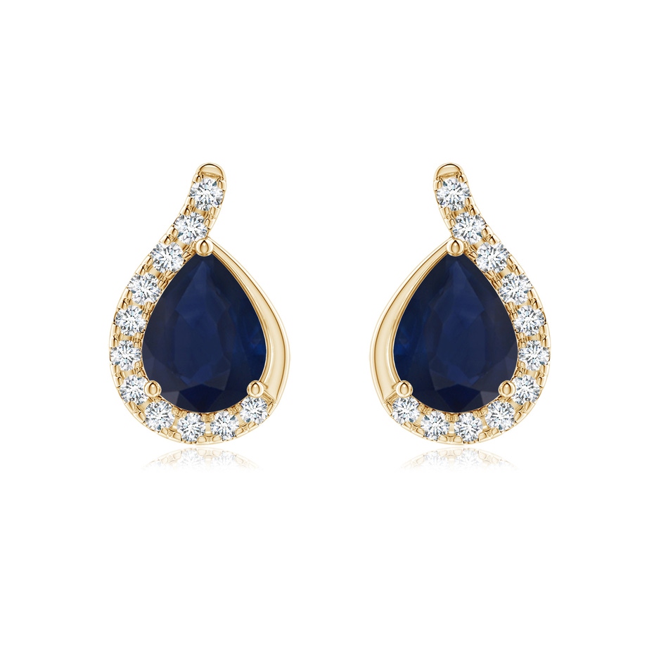 8x6mm A Pear Blue Sapphire Earrings with Diamond Swirl Frame in Yellow Gold 