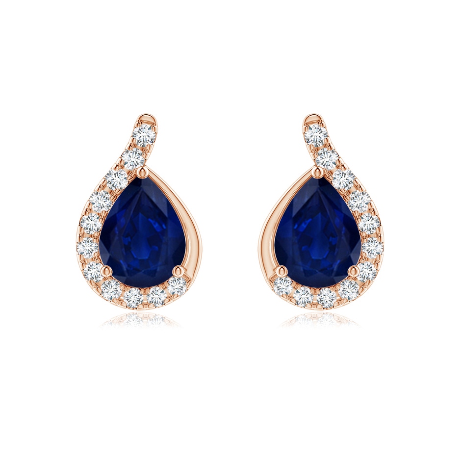 8x6mm AA Pear Blue Sapphire Earrings with Diamond Swirl Frame in Rose Gold 