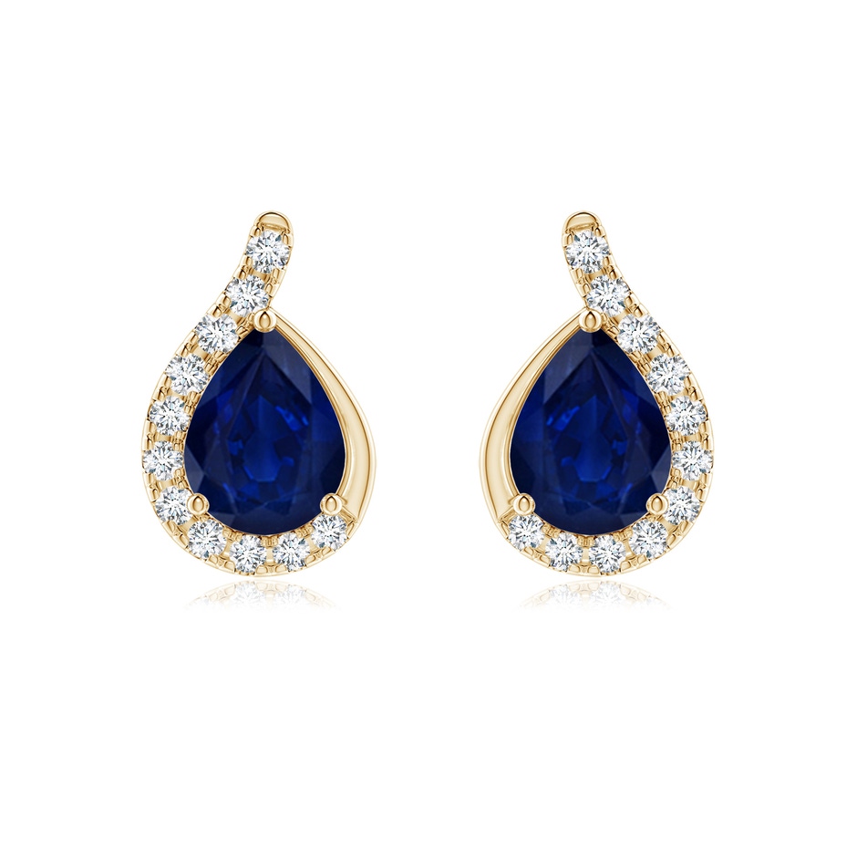 8x6mm AA Pear Blue Sapphire Earrings with Diamond Swirl Frame in Yellow Gold 