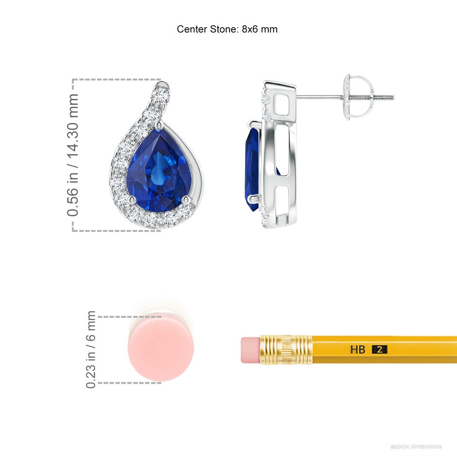 8x6mm AAA Pear Blue Sapphire Earrings with Diamond Swirl Frame in P950 Platinum ruler