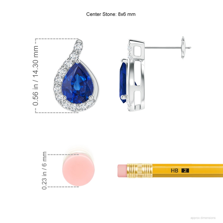 8x6mm AAA Pear Blue Sapphire Earrings with Diamond Swirl Frame in White Gold ruler