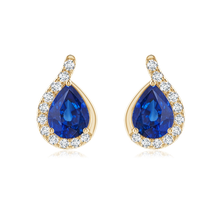 8x6mm AAA Pear Blue Sapphire Earrings with Diamond Swirl Frame in Yellow Gold 
