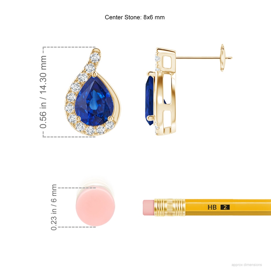 8x6mm AAA Pear Blue Sapphire Earrings with Diamond Swirl Frame in Yellow Gold ruler
