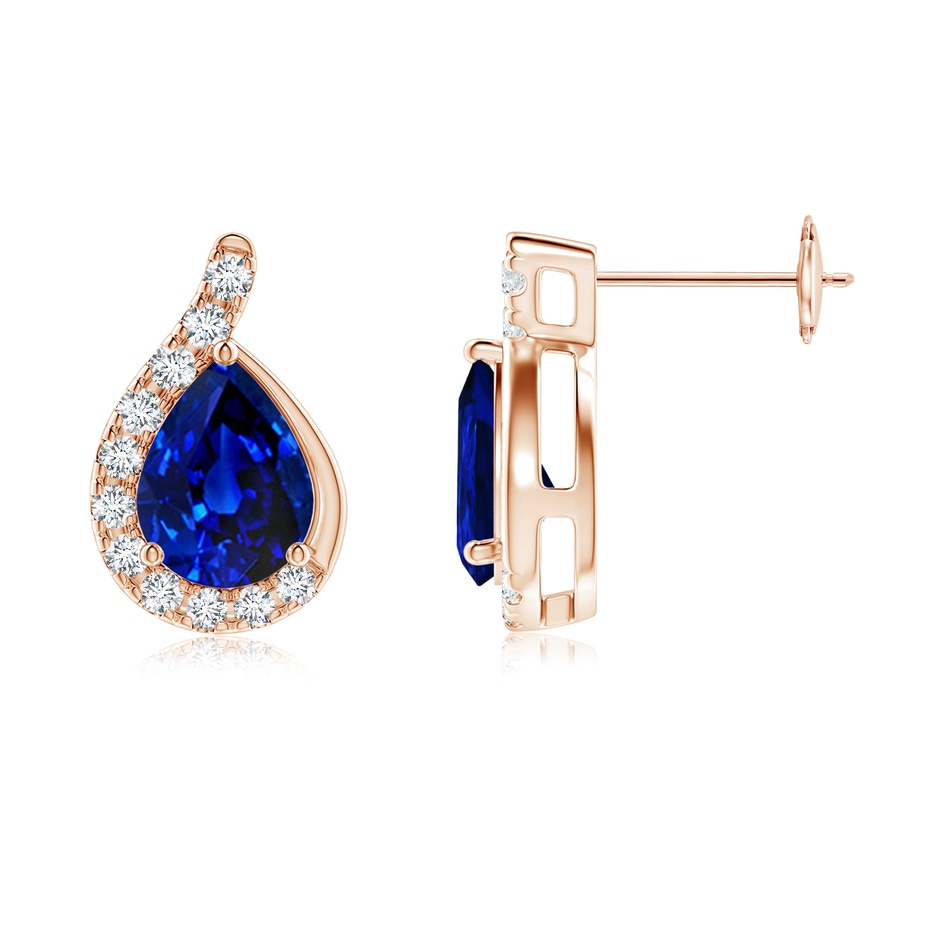 8x6mm AAAA Pear Blue Sapphire Earrings with Diamond Swirl Frame in Rose Gold side 199