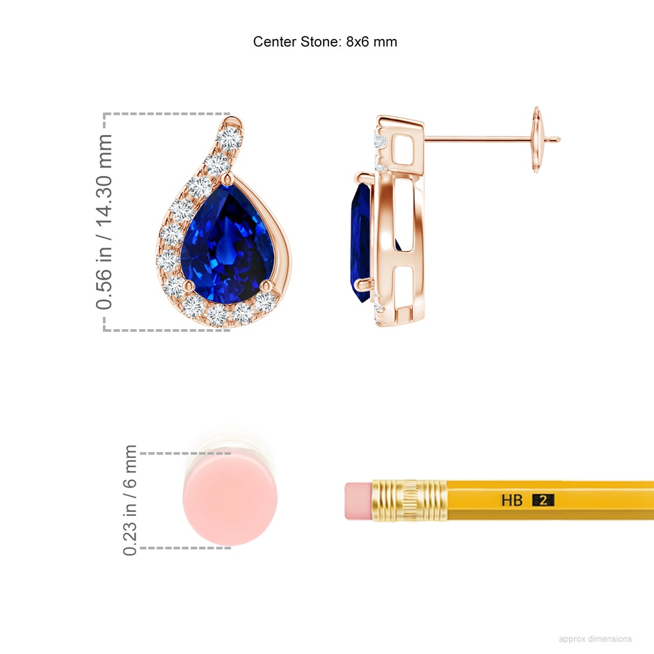 8x6mm AAAA Pear Blue Sapphire Earrings with Diamond Swirl Frame in Rose Gold ruler