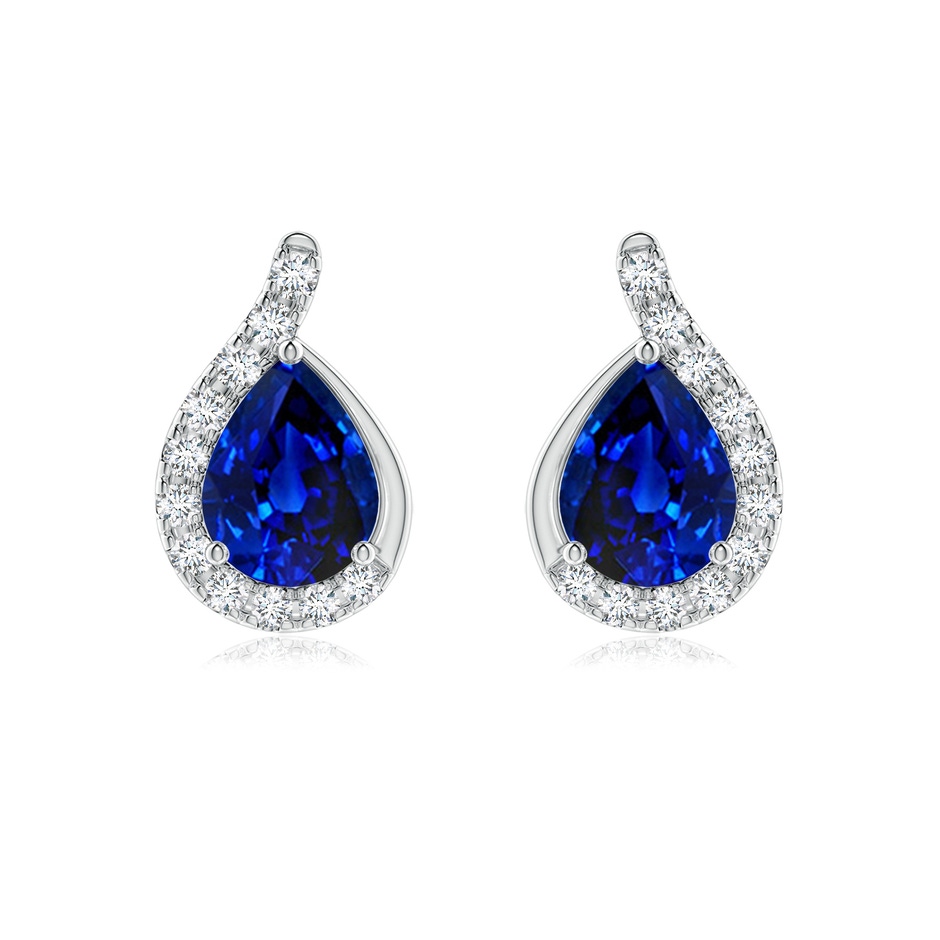 8x6mm AAAA Pear Blue Sapphire Earrings with Diamond Swirl Frame in White Gold 