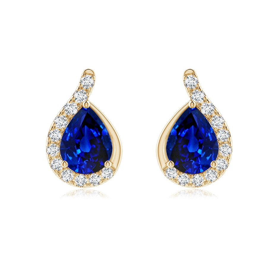 8x6mm AAAA Pear Blue Sapphire Earrings with Diamond Swirl Frame in Yellow Gold 