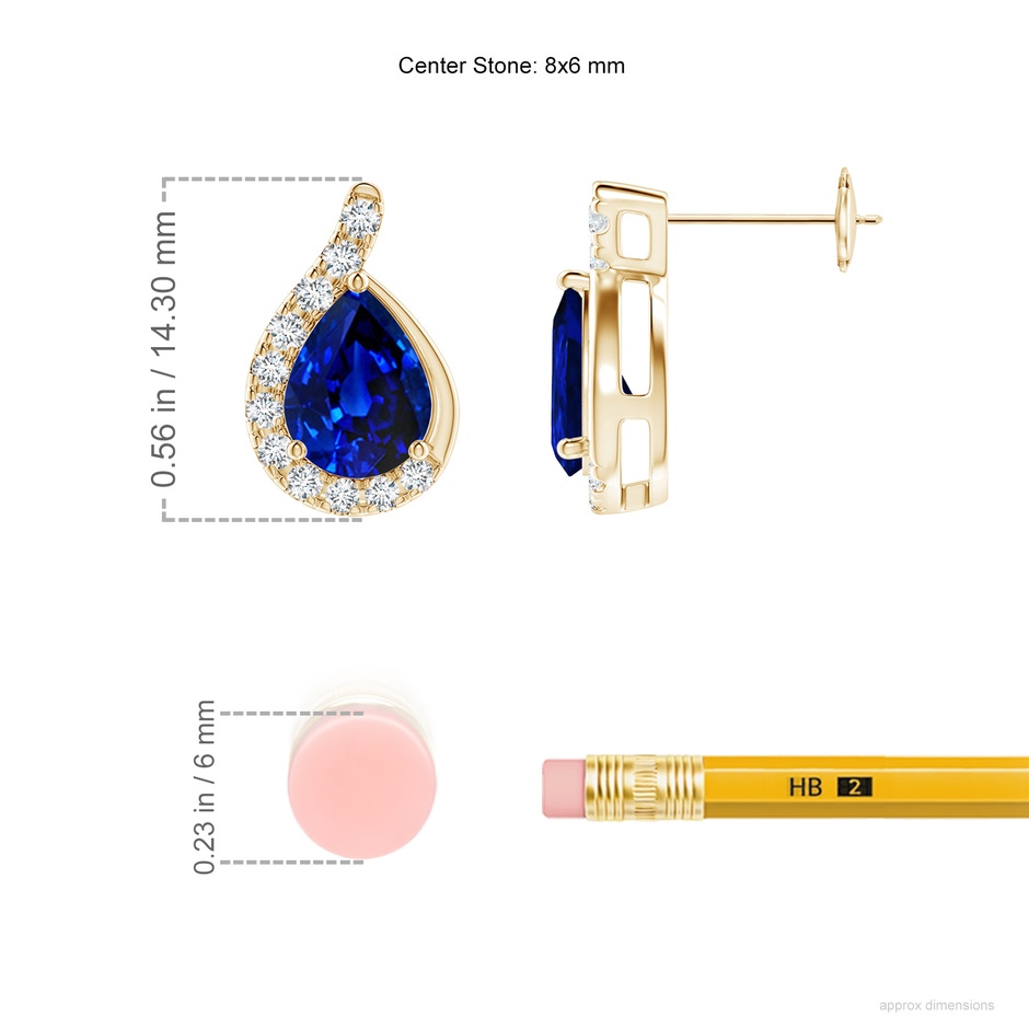 8x6mm AAAA Pear Blue Sapphire Earrings with Diamond Swirl Frame in Yellow Gold ruler