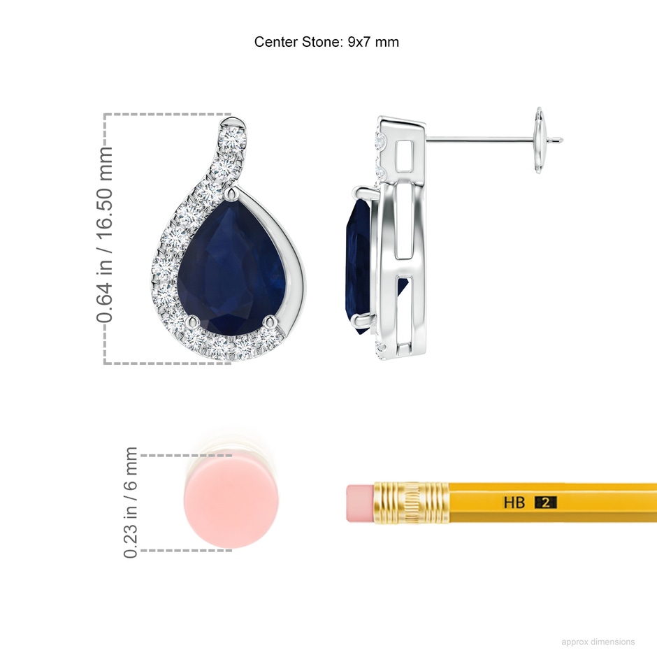 9x7mm A Pear Blue Sapphire Earrings with Diamond Swirl Frame in 18K White Gold ruler
