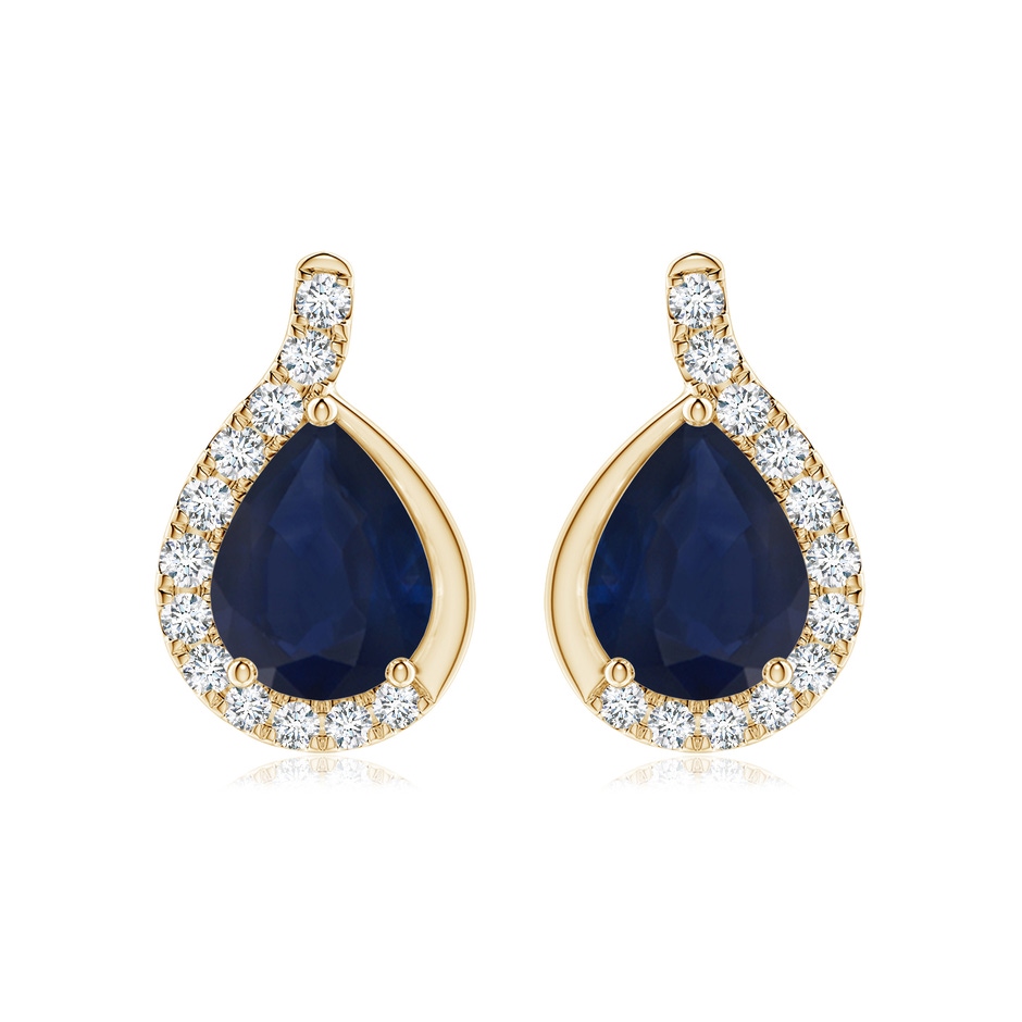 9x7mm A Pear Blue Sapphire Earrings with Diamond Swirl Frame in Yellow Gold 