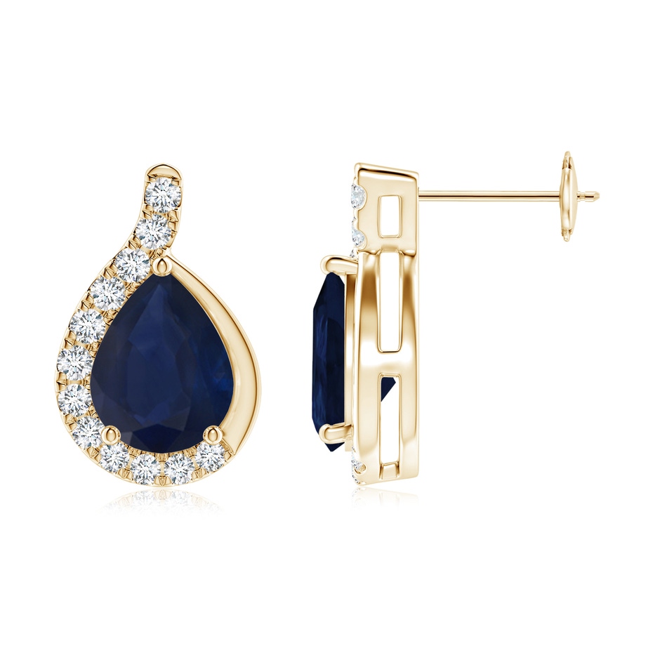 9x7mm A Pear Blue Sapphire Earrings with Diamond Swirl Frame in Yellow Gold side 199