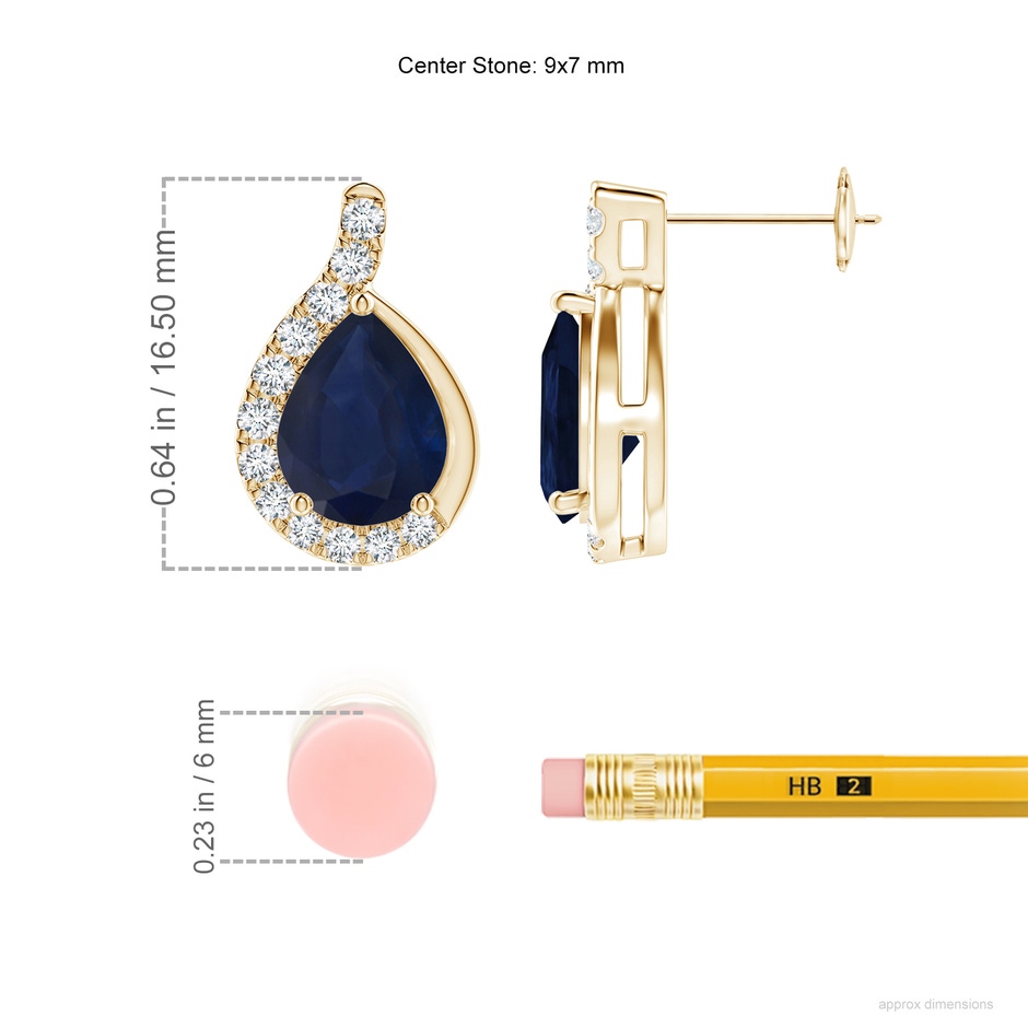 9x7mm A Pear Blue Sapphire Earrings with Diamond Swirl Frame in Yellow Gold ruler