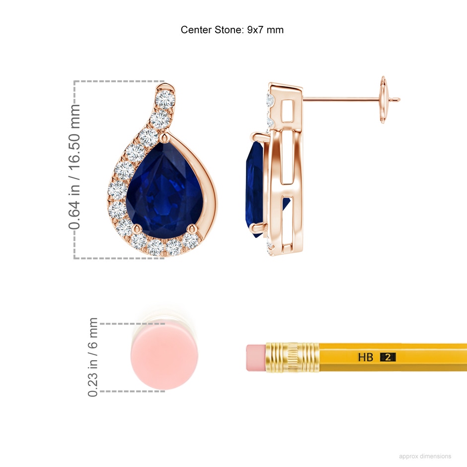 9x7mm AA Pear Blue Sapphire Earrings with Diamond Swirl Frame in 18K Rose Gold ruler