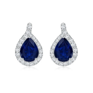9x7mm AA Pear Blue Sapphire Earrings with Diamond Swirl Frame in P950 Platinum
