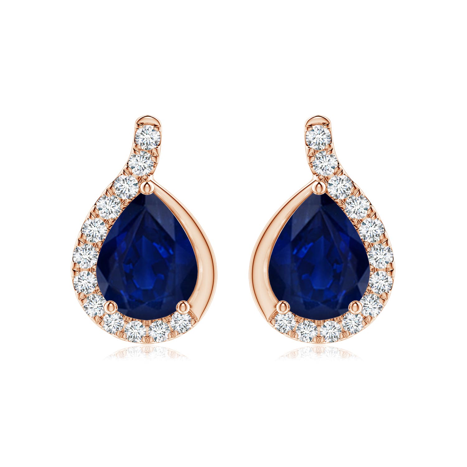 9x7mm AA Pear Blue Sapphire Earrings with Diamond Swirl Frame in Rose Gold