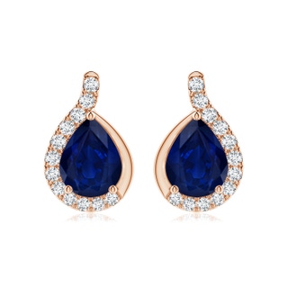 9x7mm AA Pear Blue Sapphire Earrings with Diamond Swirl Frame in Rose Gold
