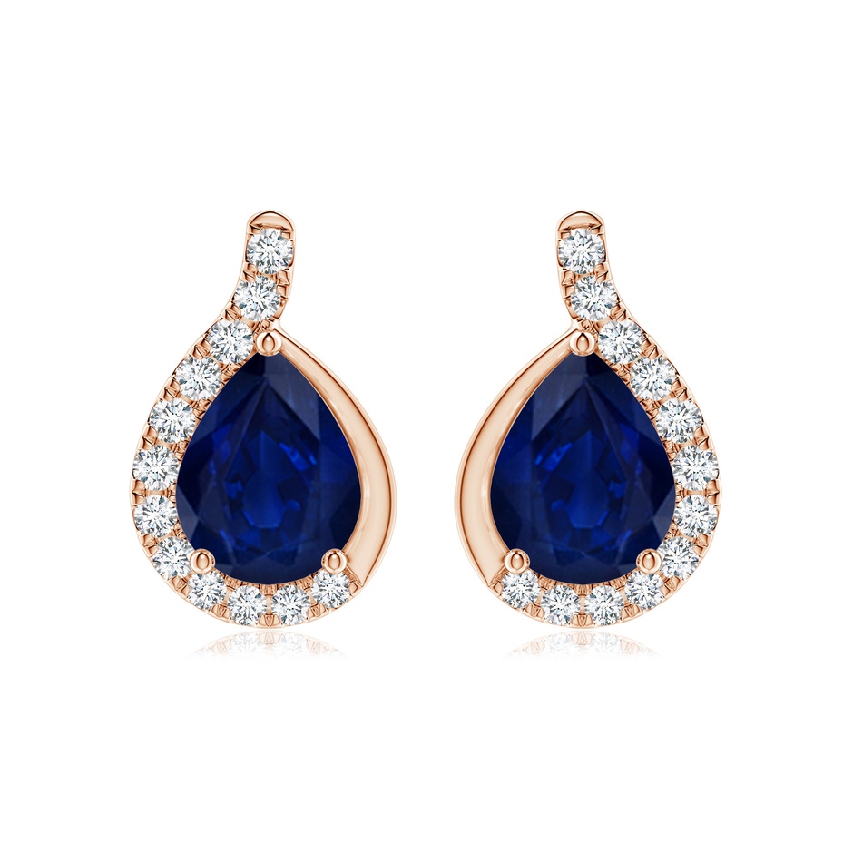 9x7mm AA Pear Blue Sapphire Earrings with Diamond Swirl Frame in Rose Gold 