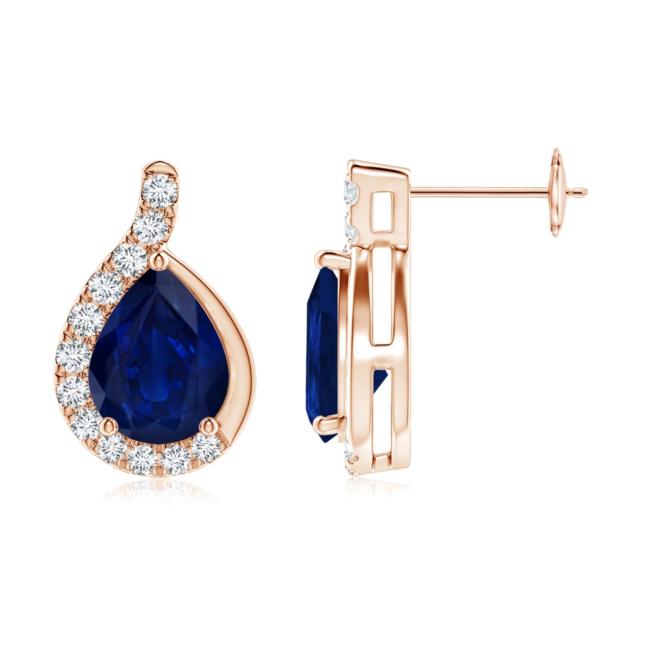 9x7mm AA Pear Blue Sapphire Earrings with Diamond Swirl Frame in Rose Gold side 199