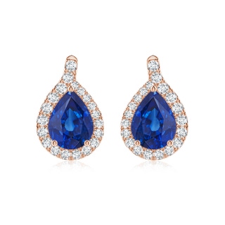 9x7mm AAA Pear Blue Sapphire Earrings with Diamond Swirl Frame in 9K Rose Gold