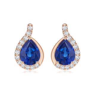 9x7mm AAA Pear Blue Sapphire Earrings with Diamond Swirl Frame in Rose Gold